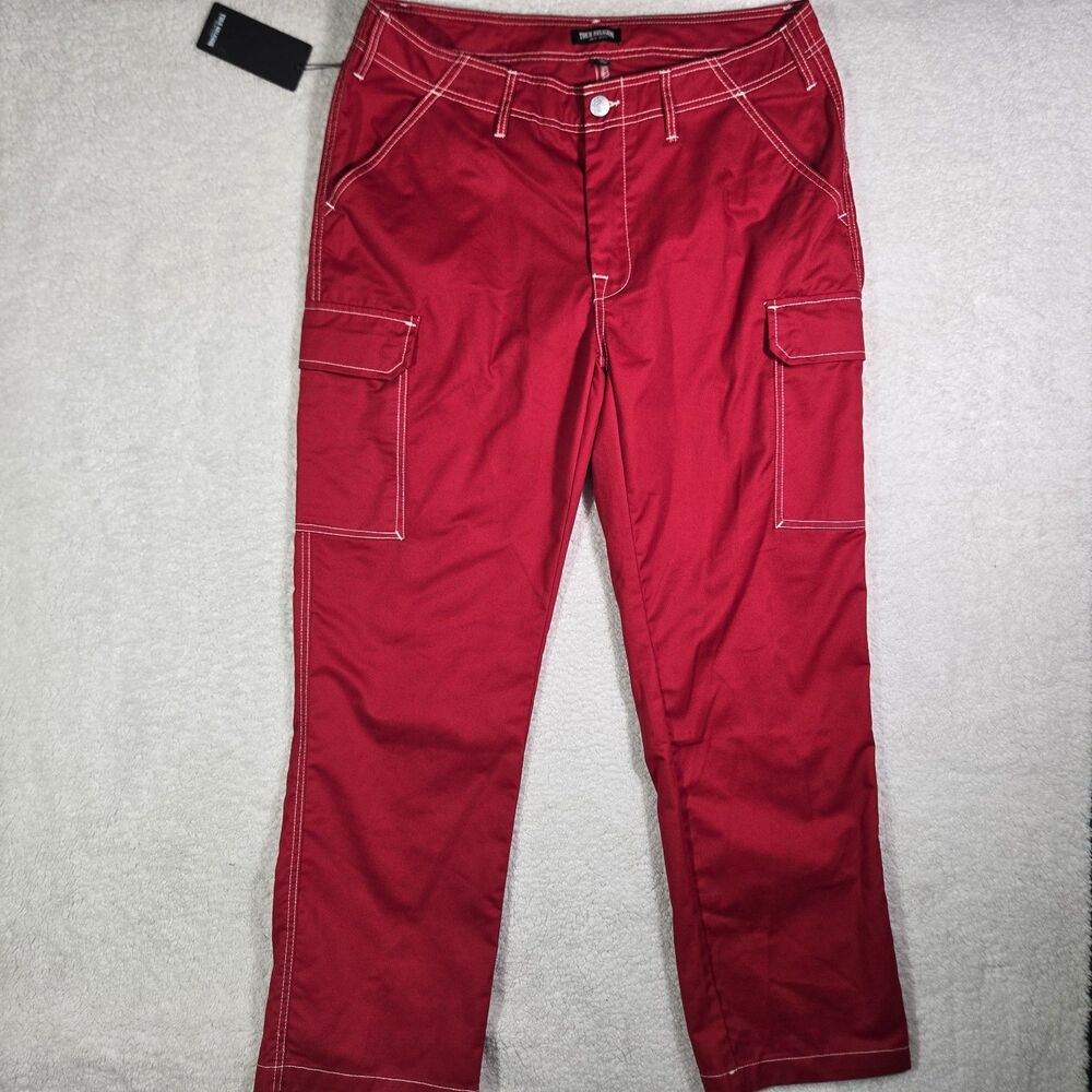 True Religion Mens 36x32 Cargo Pants Red White Stitch Utility Y2K NWOT